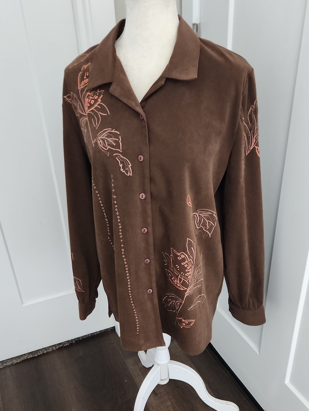 TanJay Brown Button-Front Blazer with Pink Floral Embroidery